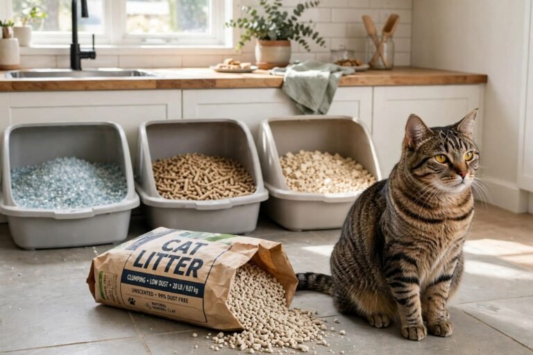 Tabby cat sitting beside an open bag of cat litter in a bright kitchen, with litter boxes of different litter textures in the background.