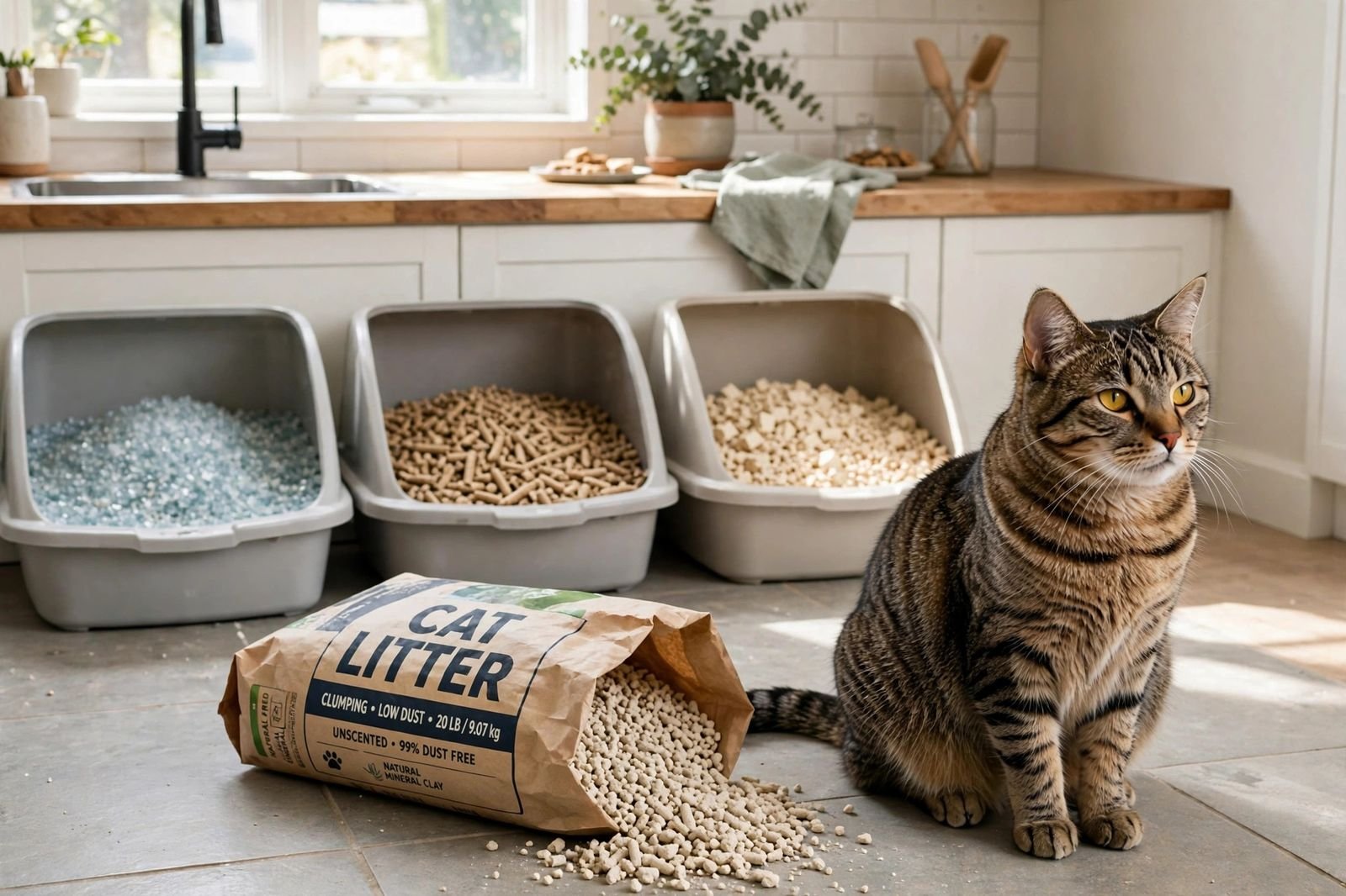 Tabby cat sitting beside an open bag of cat litter in a bright kitchen, with litter boxes of different litter textures in the background.