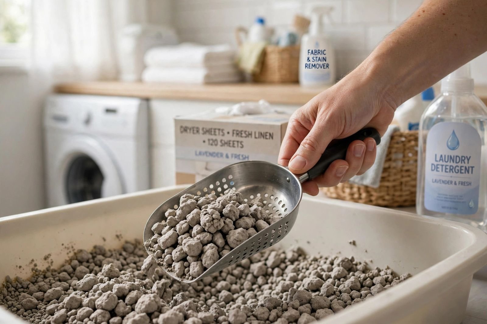 Close-up of hands scooping clumping cat litter with a metal scoop in a clean laundry room.