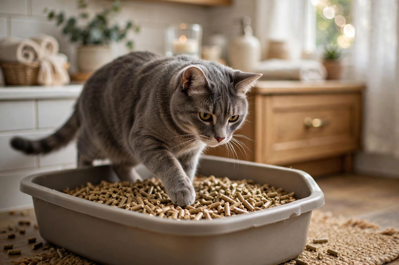 Gray cat stepping into a litter box filled with pine pellet litter in a cozy bathroom.