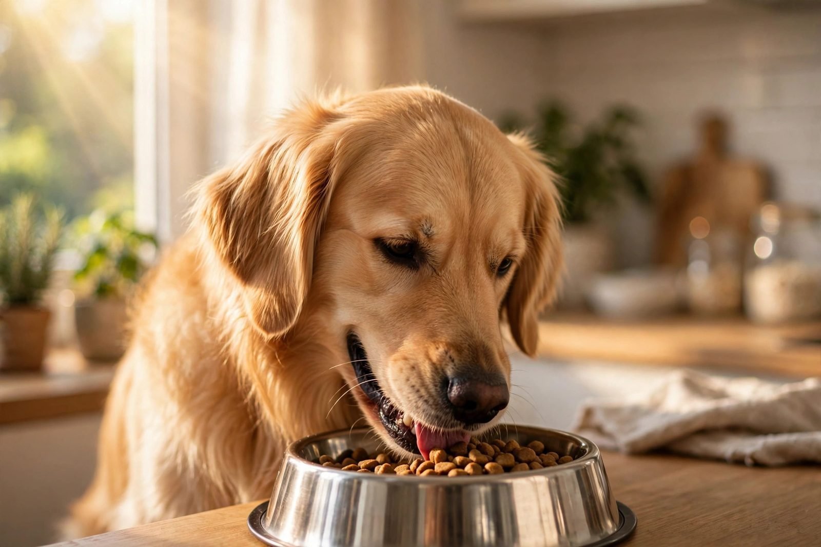 Adult golden retriever eating from a stainless steel bowl in a bright kitchen
