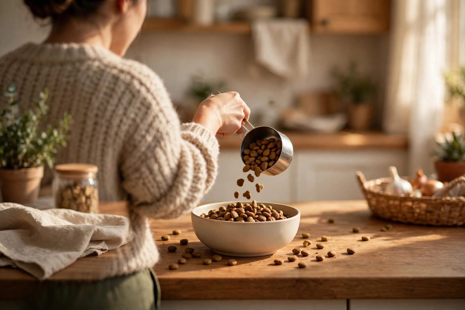 Hands scooping dry dog food from a bag into a bowl on a wooden counter
