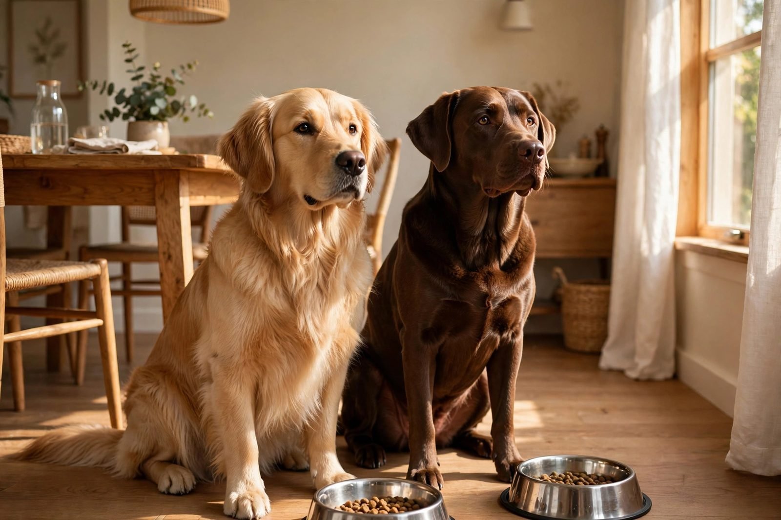 Golden retriever and brown labrador sitting side by side waiting for food