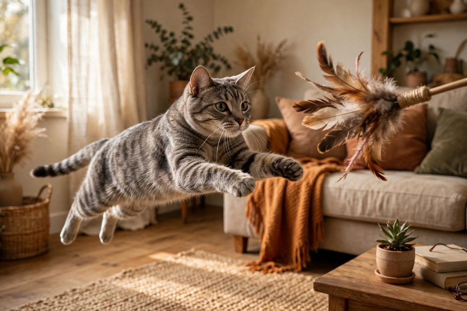 Gray tabby cat mid-pounce chasing a feather wand toy in a cozy living room
