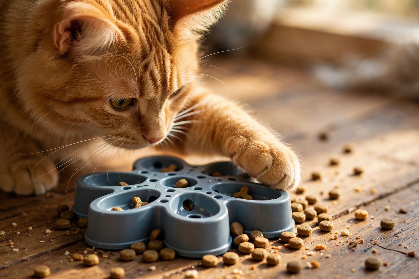 Ginger cat pawing at a puzzle feeder with kibble scattered on a wooden floor
