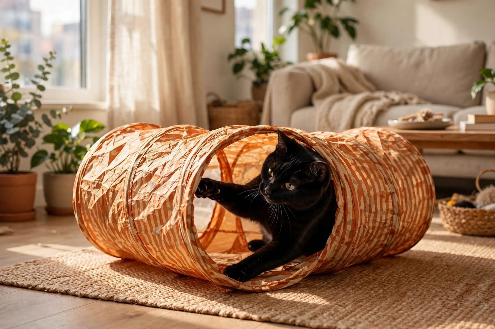 Black cat playing with a crinkly tunnel toy in a bright apartment