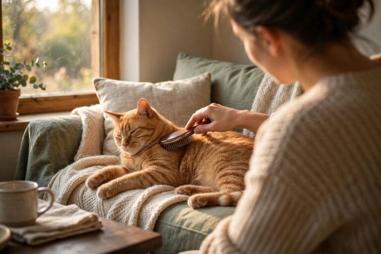 Orange tabby cat being brushed with a slicker brush on a couch by a window