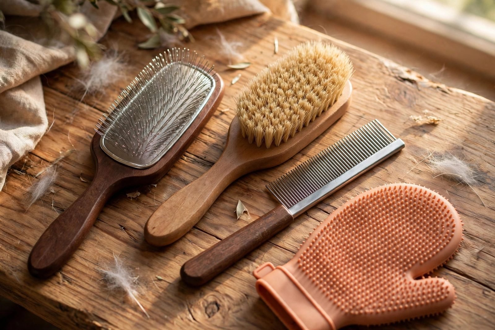 Cat grooming brushes laid out on a table: slicker, bristle brush, comb and mitt
