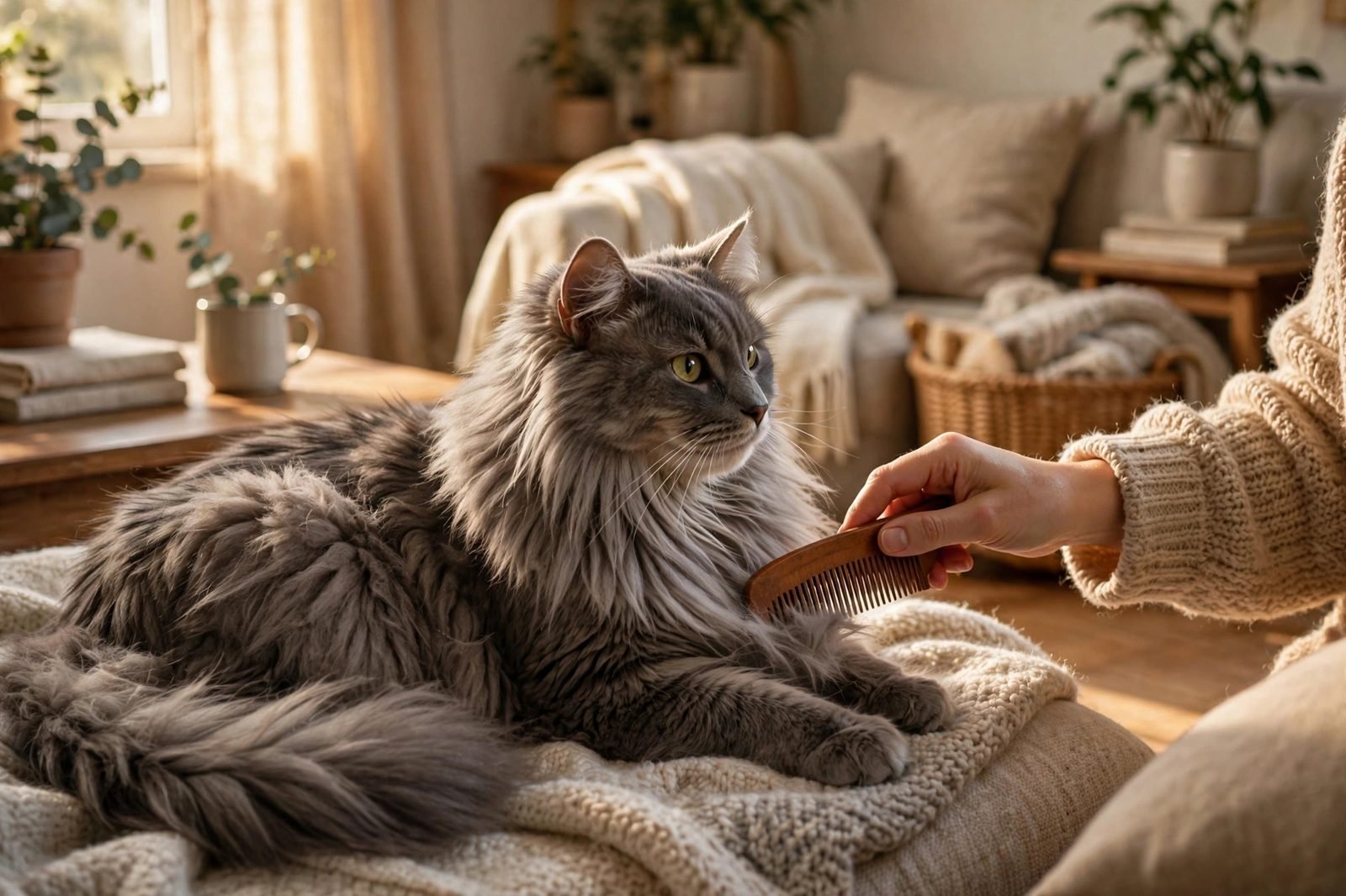 Fluffy grey long-haired cat being combed by its owner in a cozy living room