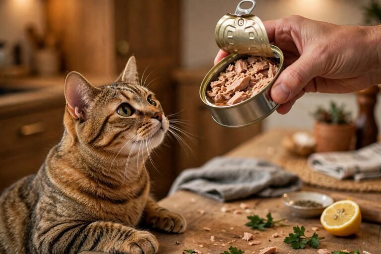 Tabby cat eagerly watching an open can of tuna on a kitchen counter held by an owner's hand.