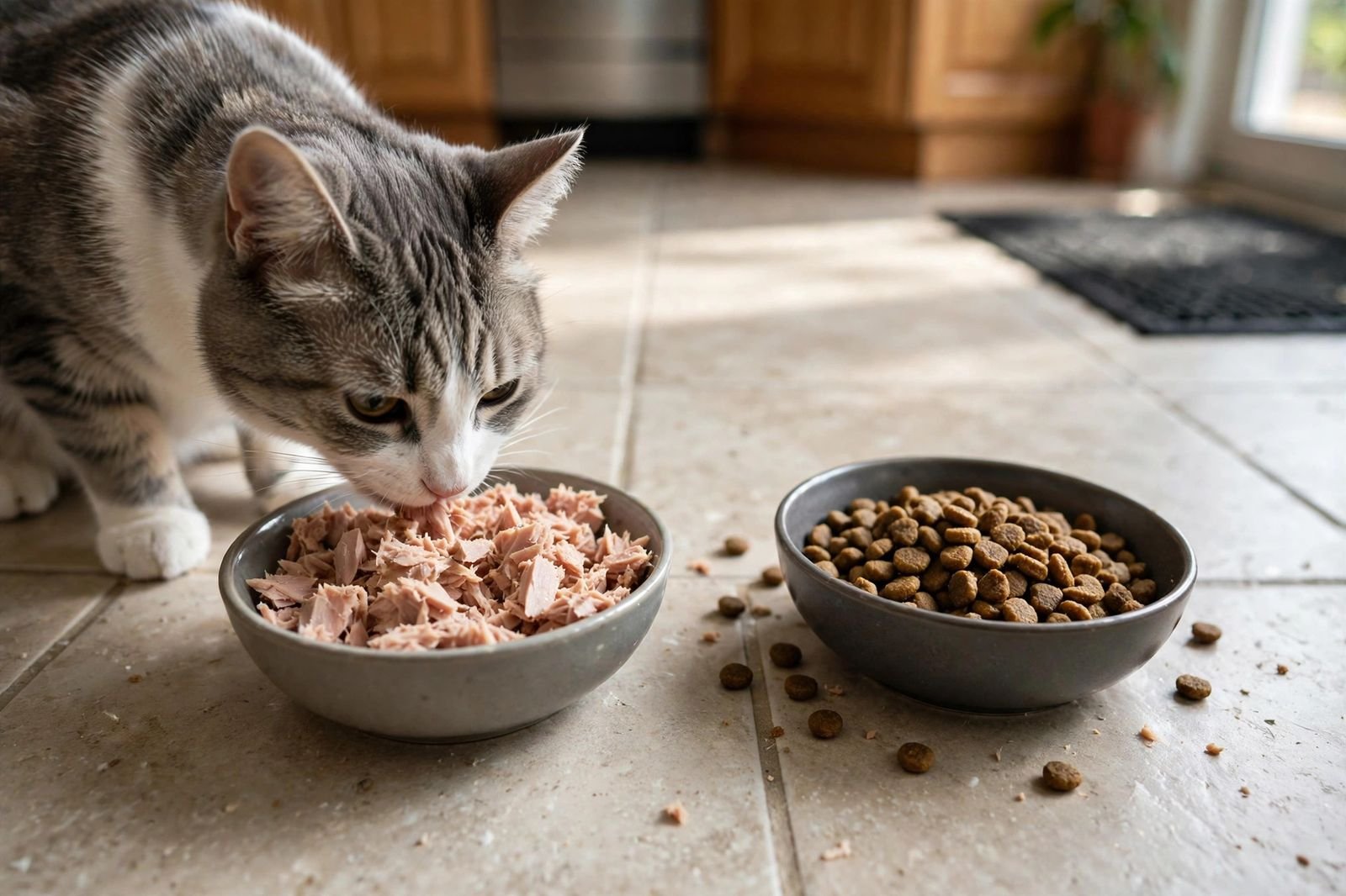 Small bowl of flaked tuna next to a bowl of regular cat food on a kitchen floor, with a cat eating from the tuna bowl.