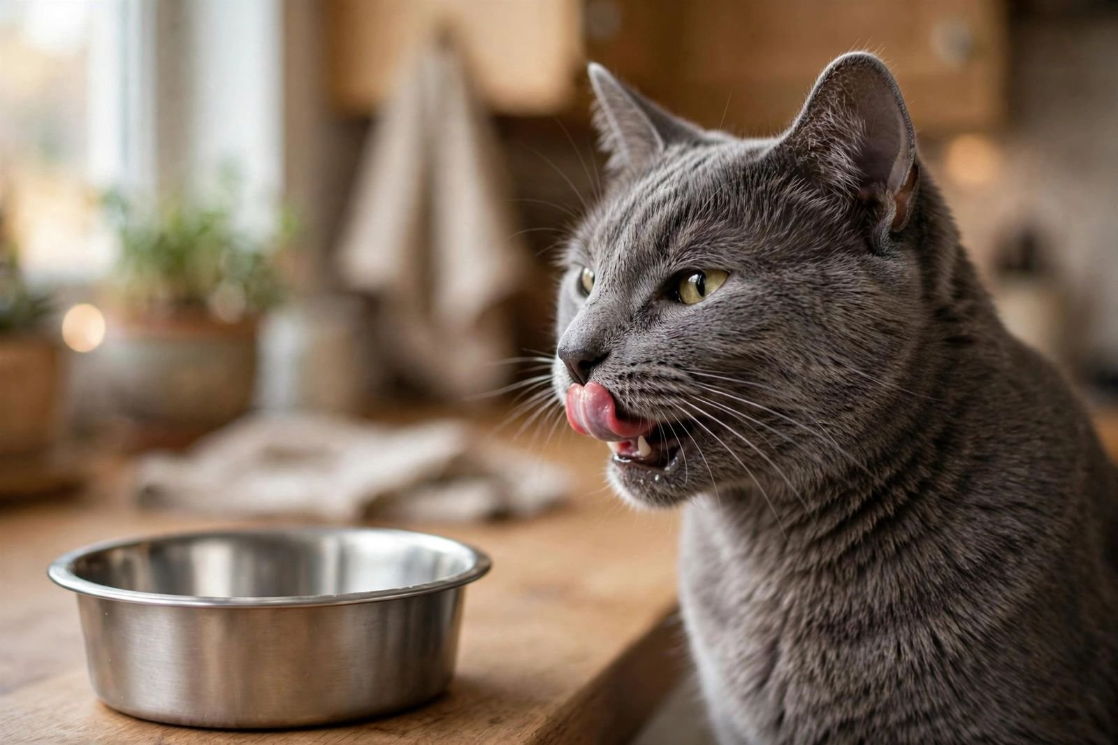 Gray cat licking its lips after eating, with an empty food bowl beside it in a cozy kitchen.