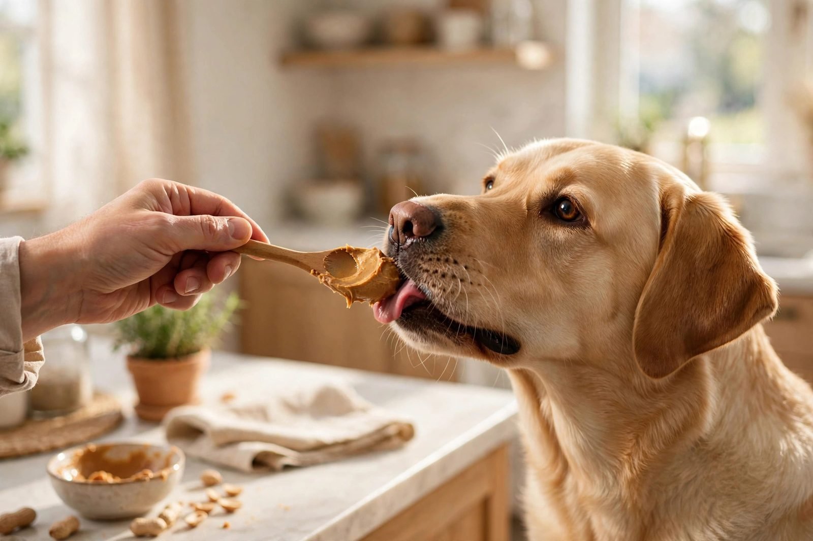 Golden labrador licking peanut butter off a wooden spoon in a bright kitchen