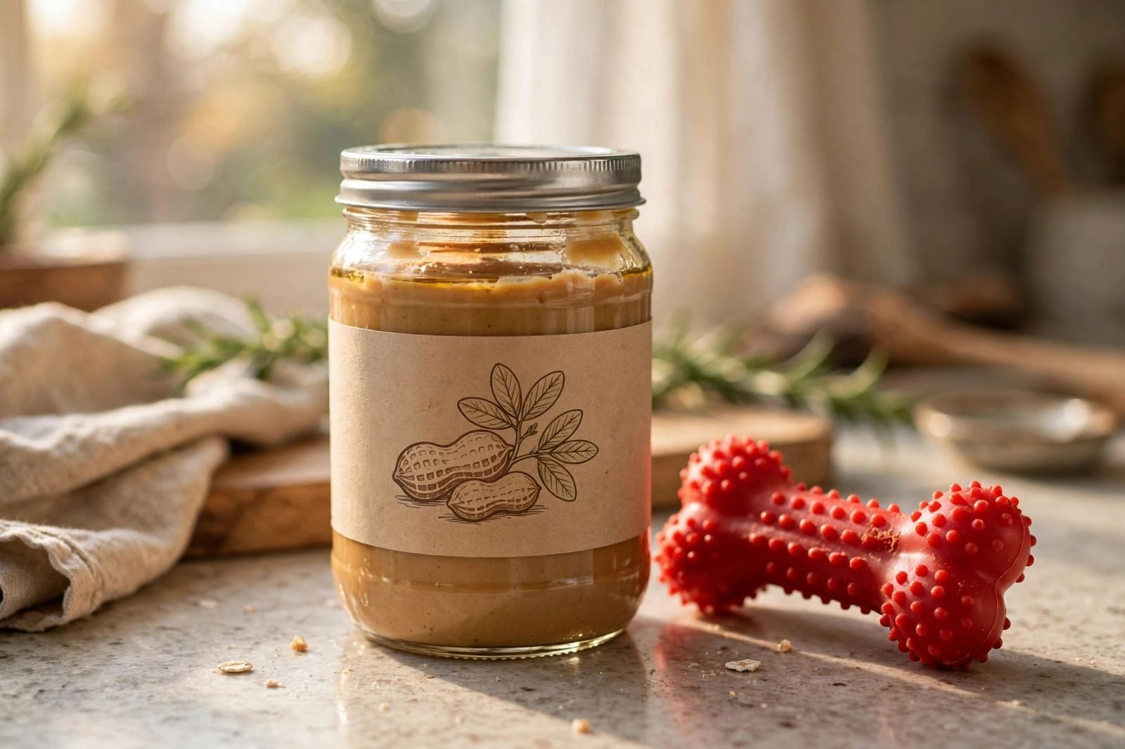 Hand checking a peanut butter jar label beside a red dog chew toy