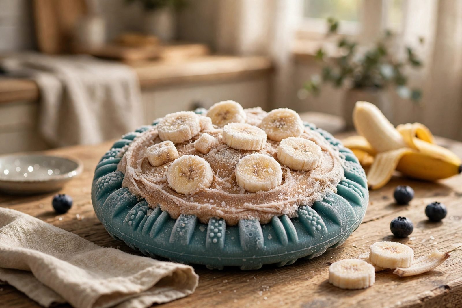 Frozen dog enrichment toy filled with peanut butter and banana on a table