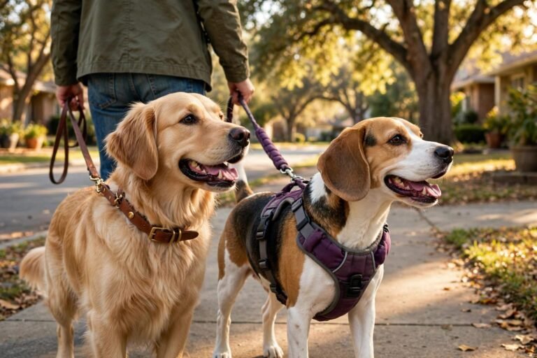 Two happy dogs on a sunny sidewalk, one in a collar and one in a padded harness