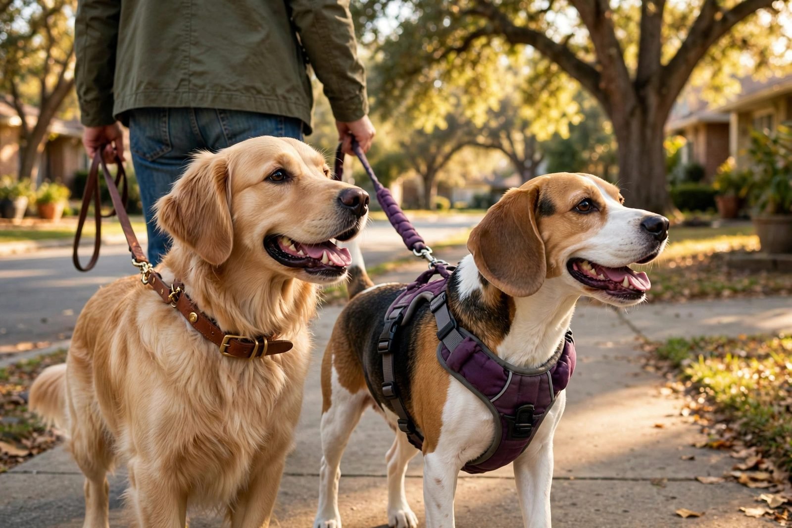 Two happy dogs on a sunny sidewalk, one in a collar and one in a padded harness