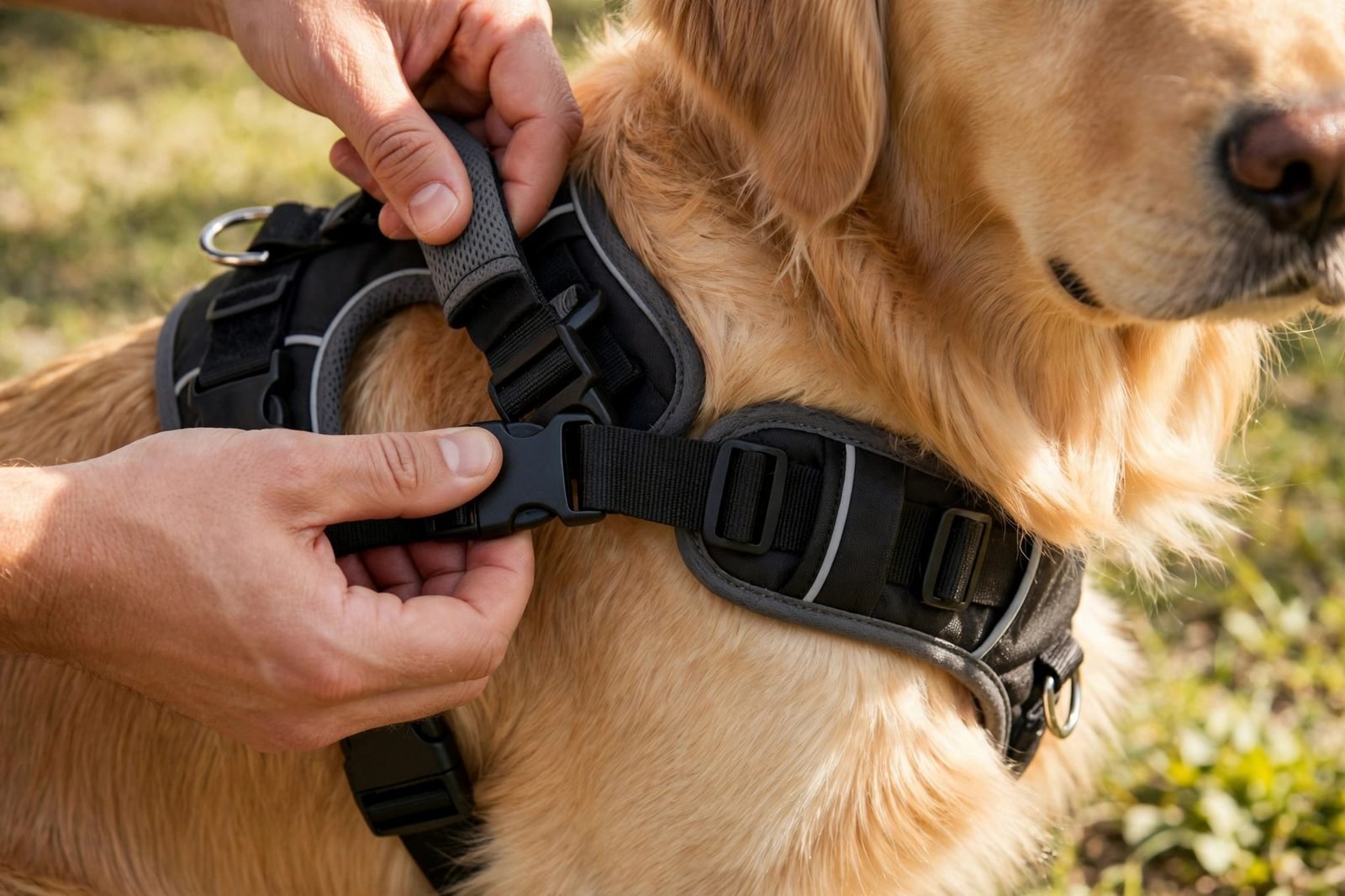 Hands fitting a padded no-pull harness on a golden retriever, adjusting the straps