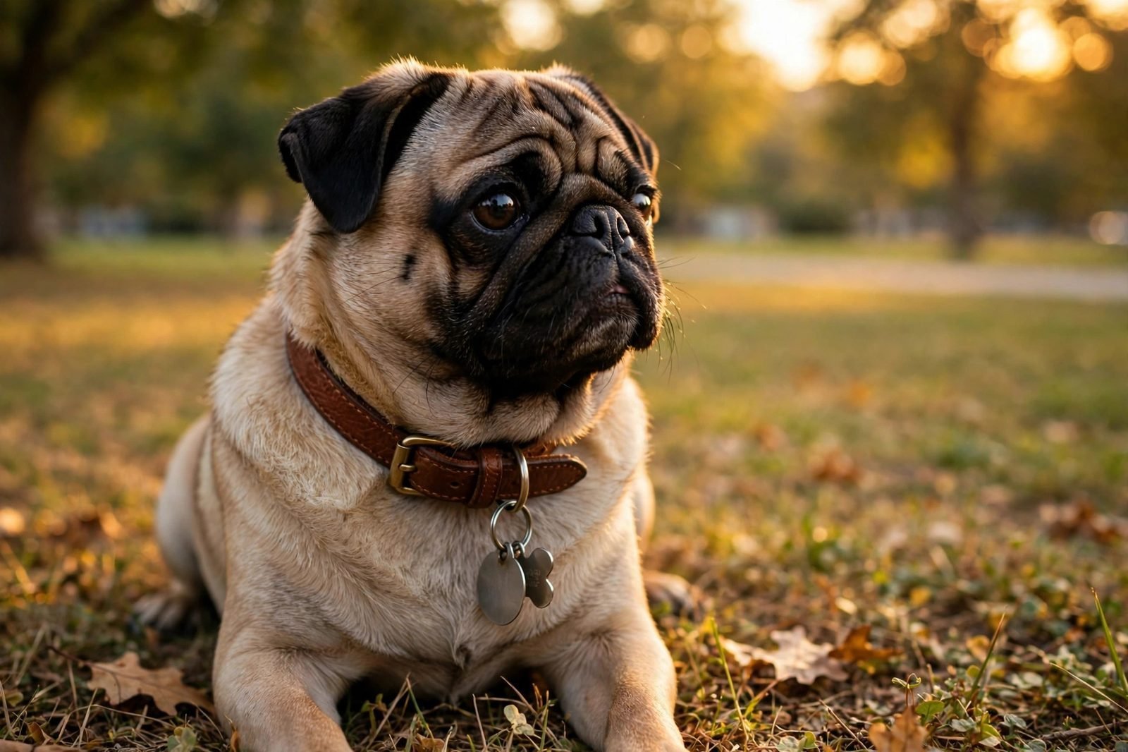 Small pug wearing a well-fitted collar with ID tags sitting in a park at golden hour