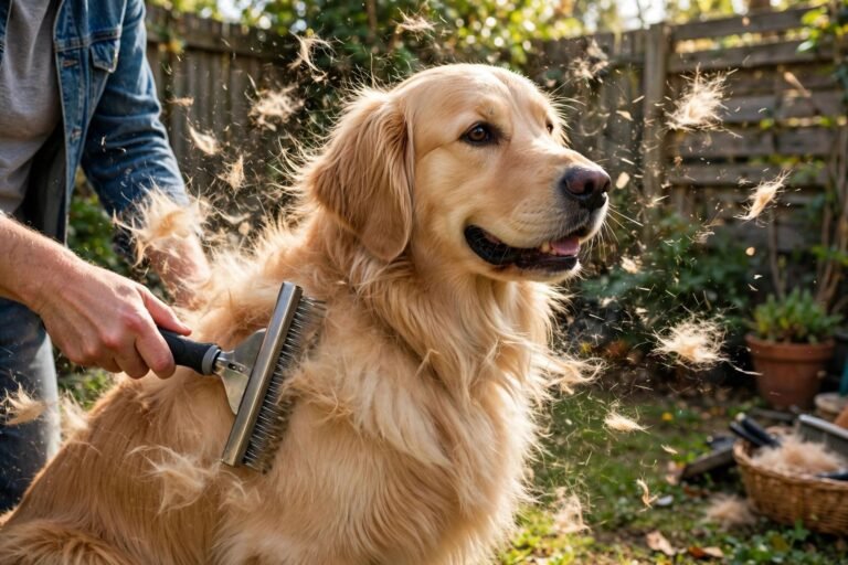 Fluffy golden retriever being brushed outdoors with loose fur flying in sunlight, undercoat rake in the owner's hand