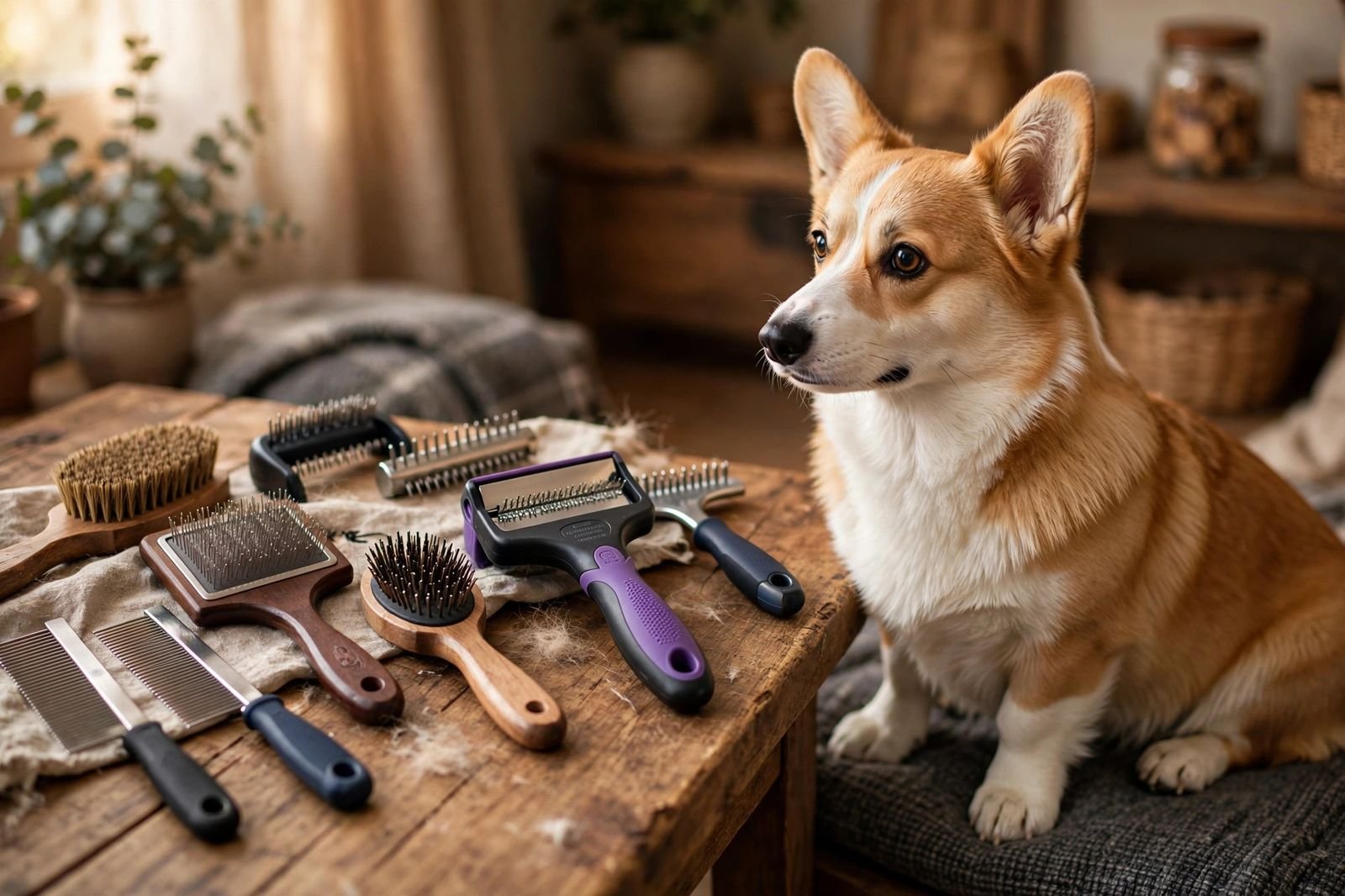 Dog grooming brushes and a deshedding tool arranged on a wooden table with a corgi sitting beside them