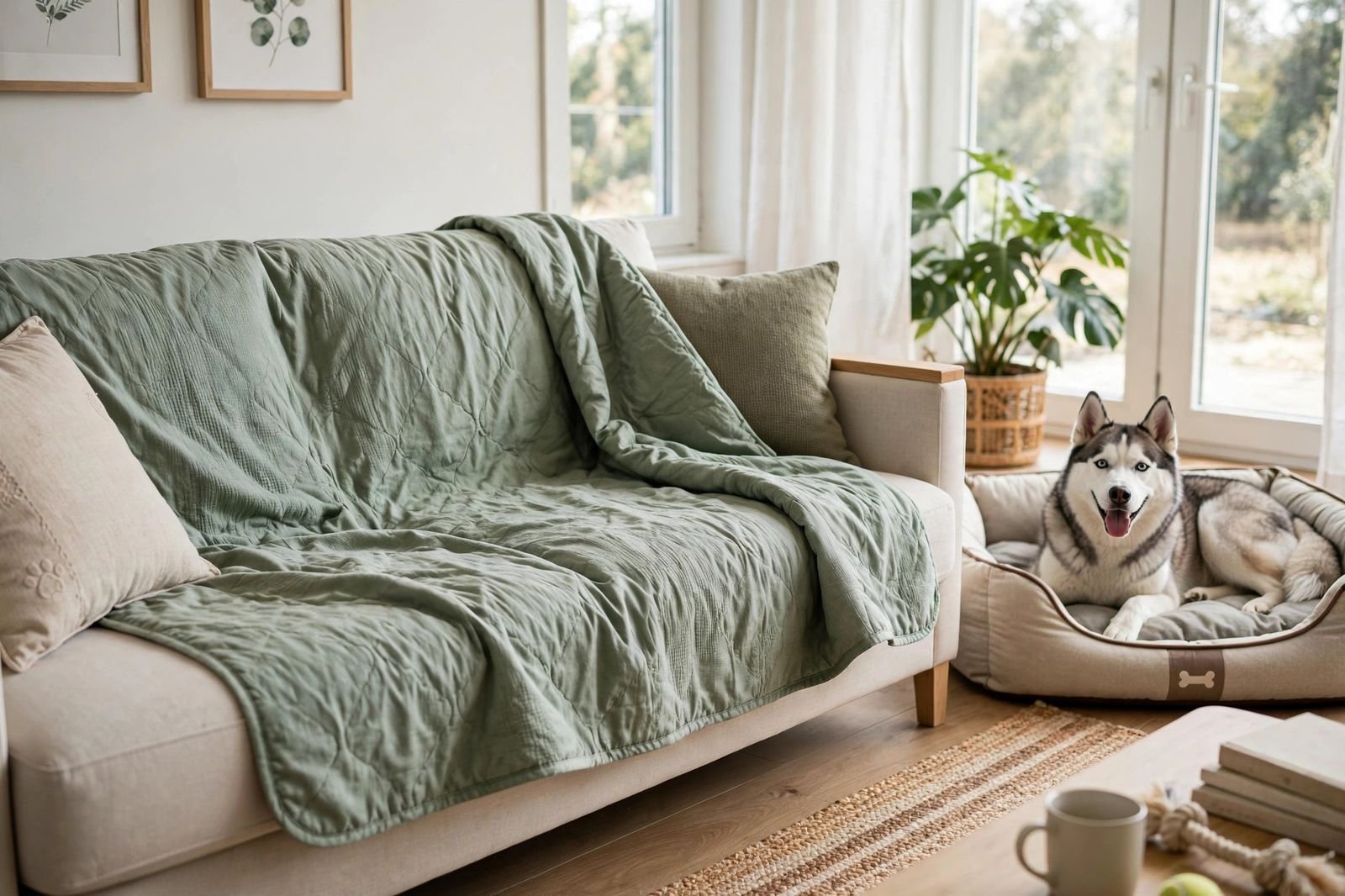 Clean living room sofa with a washable pet blanket and a happy husky resting on a nearby dog bed