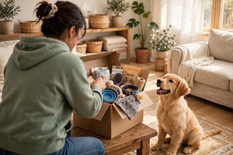 New dog owner unpacking a box of dog supplies while an excited golden retriever puppy watches