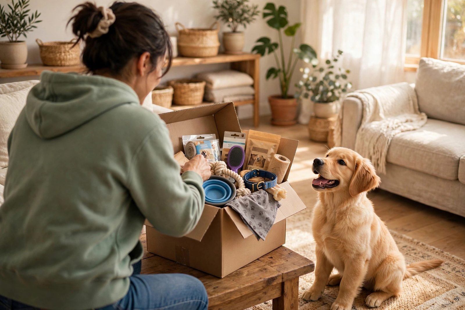 New dog owner unpacking a box of dog supplies while an excited golden retriever puppy watches