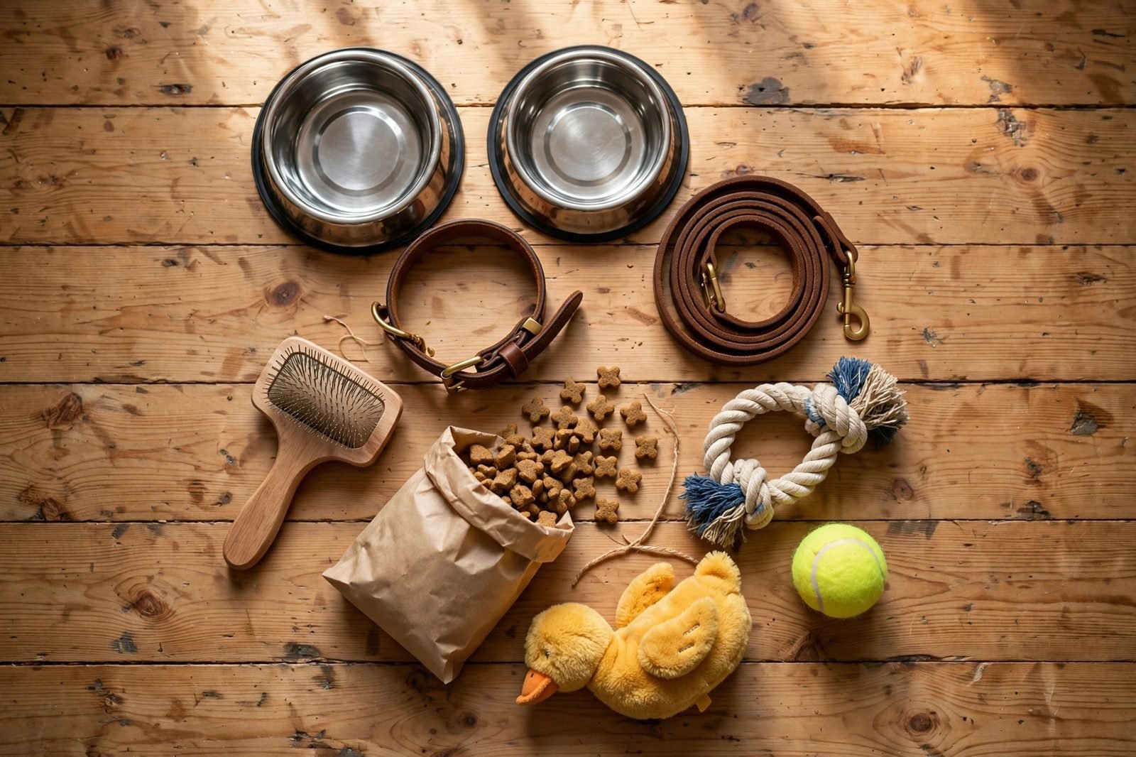 Flat-lay of new dog essentials on wood floor: bowls, leash, collar, toys, treats, brush