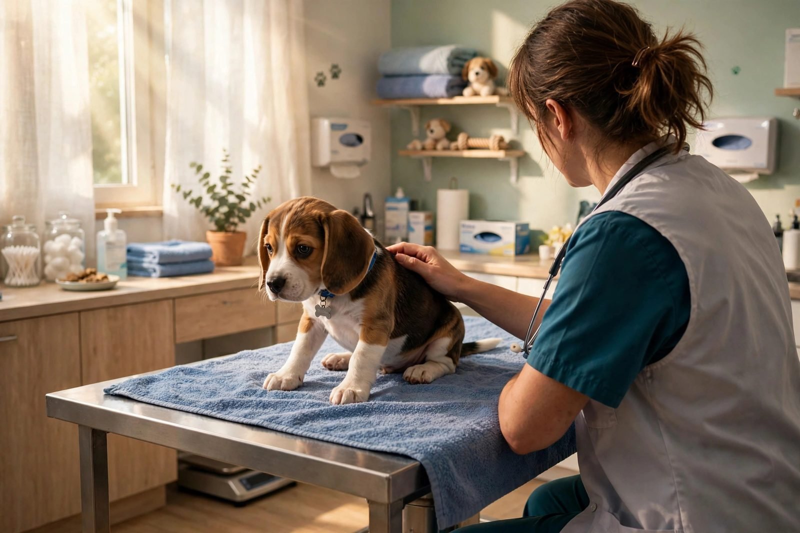 Nervous beagle puppy on an exam table during its first vet visit
