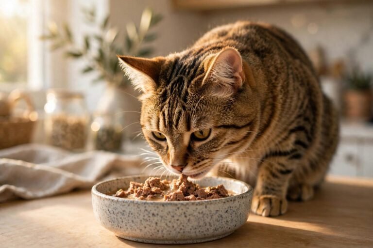 Tabby cat eating wet food from a ceramic bowl in a bright kitchen