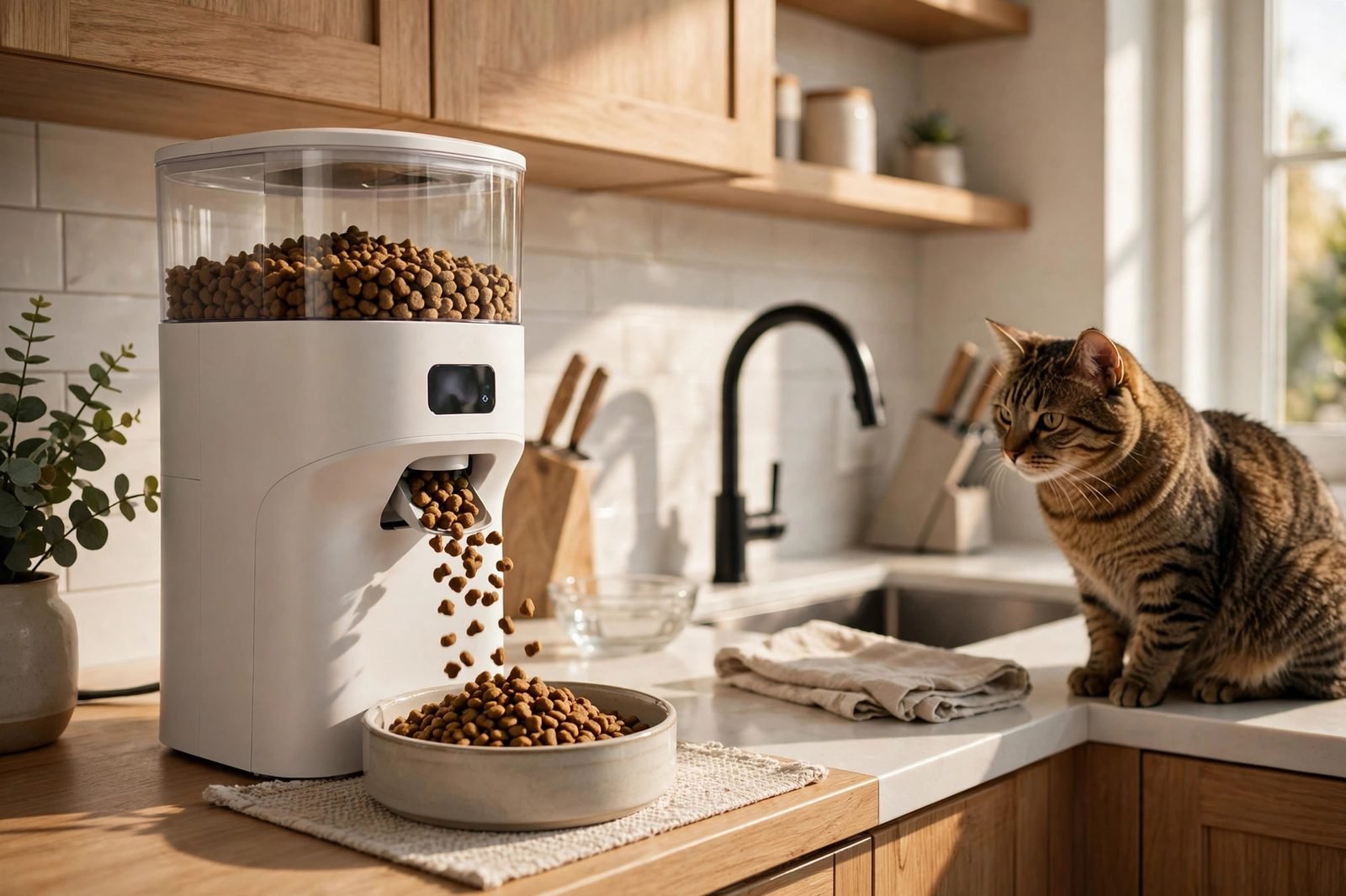 Automatic pet feeder dispensing kibble as a cat waits nearby