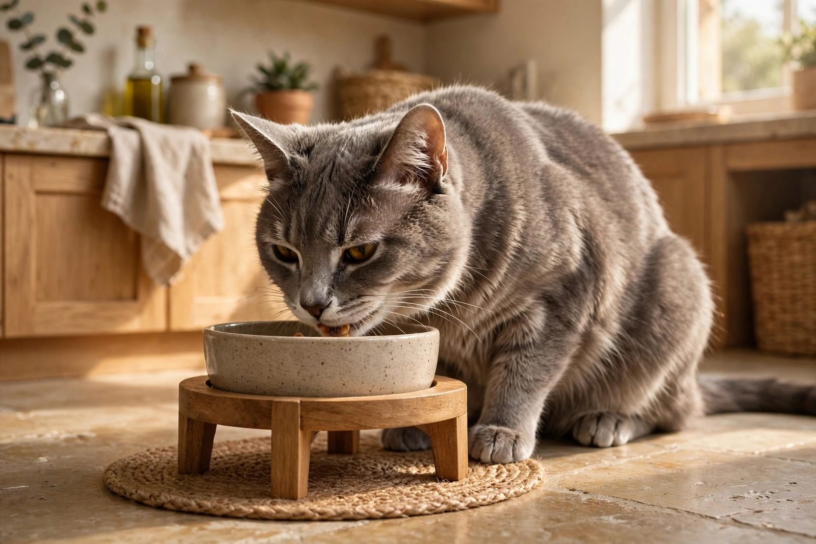 Senior grey cat eating calmly from a raised bowl on a kitchen floor