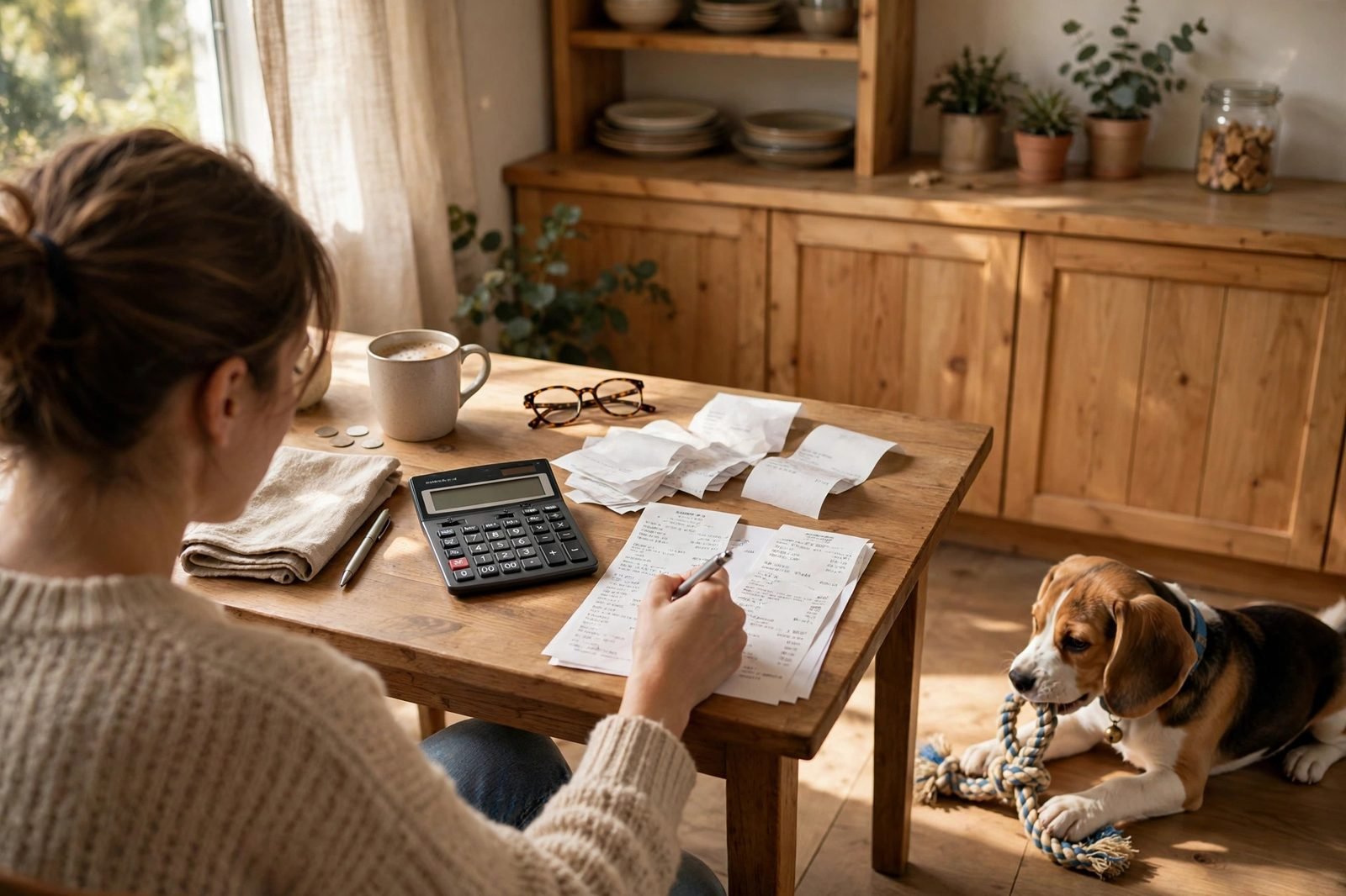 Person reviewing pet expense receipts and a calculator at a kitchen table with a beagle puppy nearby