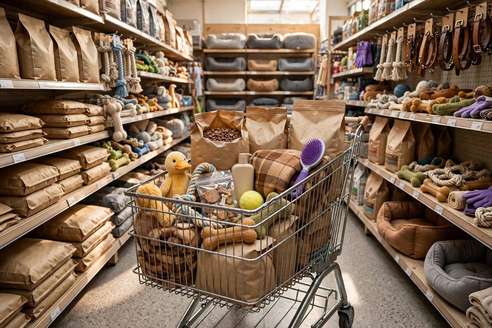 Shopping cart in a pet store aisle filled with dog food bags, toys and supplies