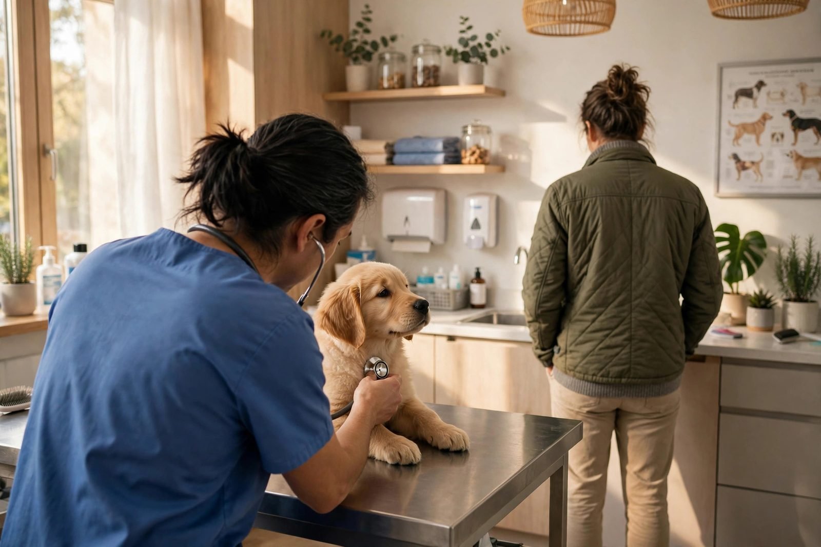 Veterinarian examining a golden retriever puppy on an exam table while the owner watches