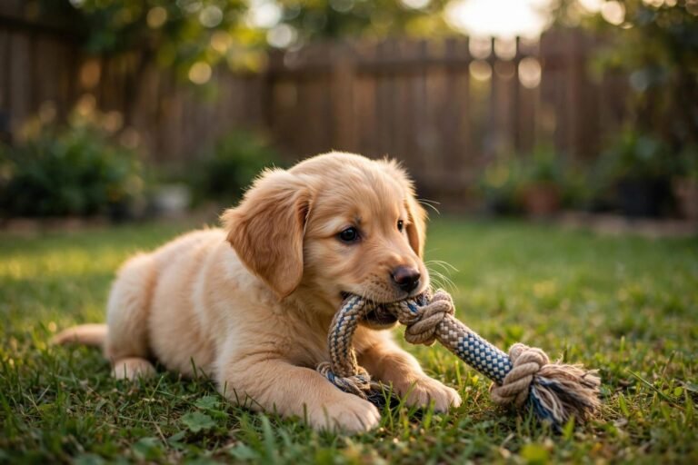 Golden retriever puppy playing with a rope toy on green grass in a sunny backyard