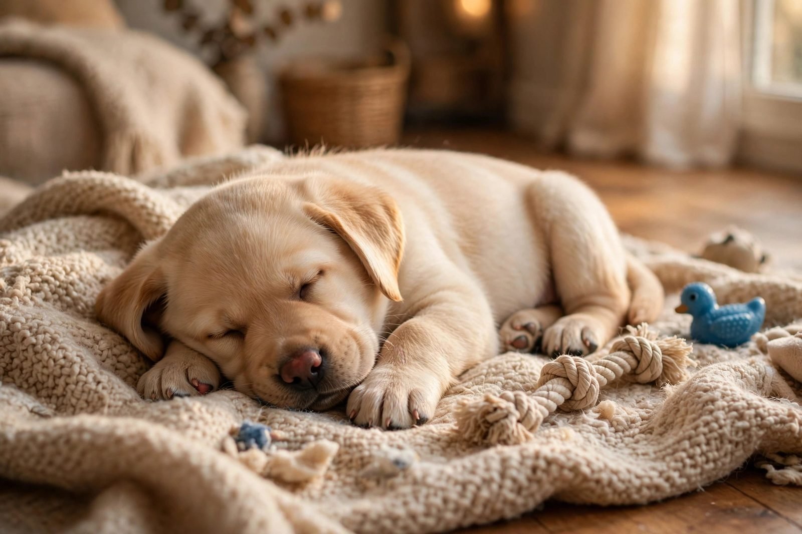 Sleepy labrador puppy napping on a soft blanket after playtime indoors
