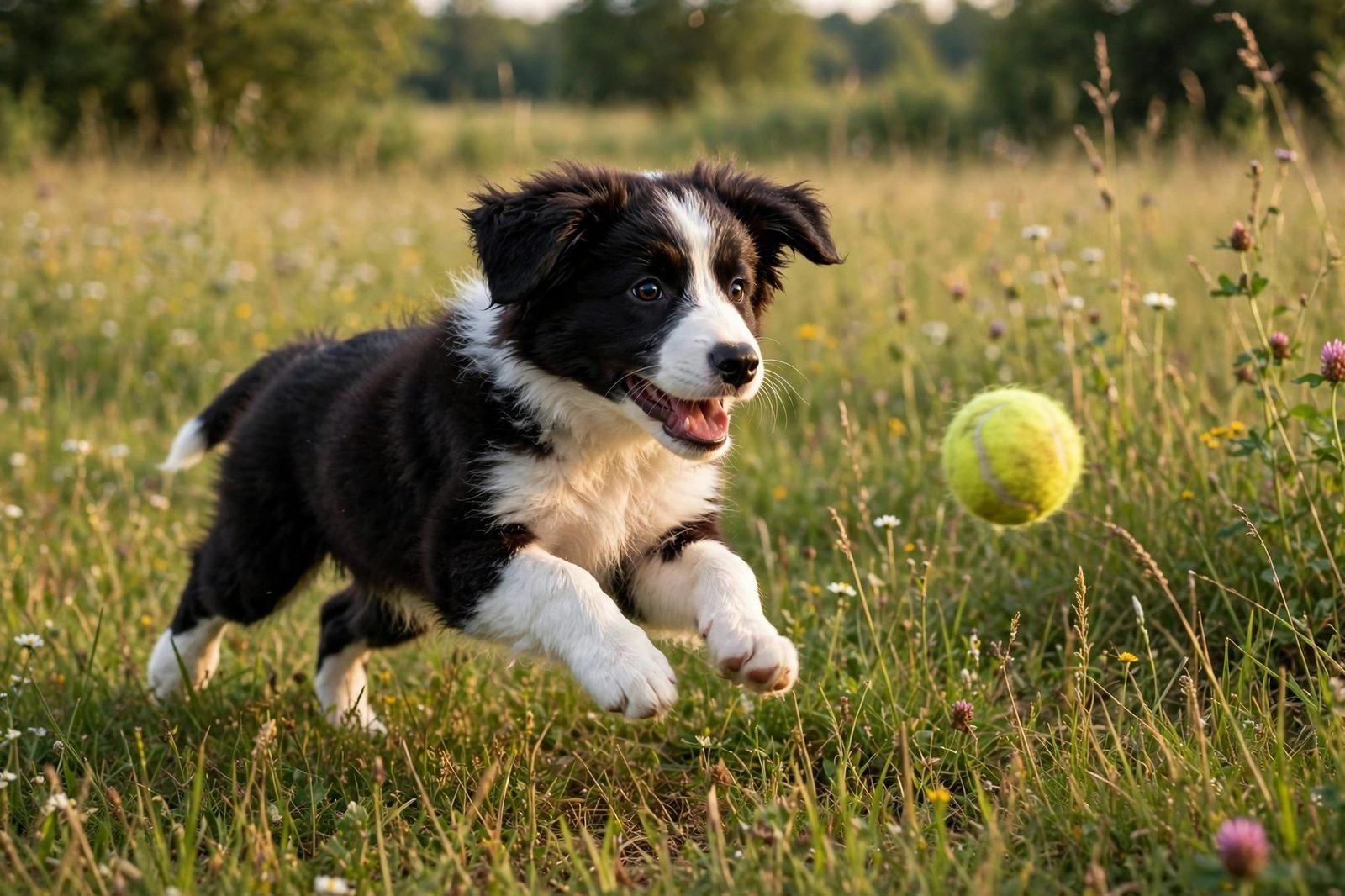 Border collie puppy running across a meadow with a ball in natural daylight