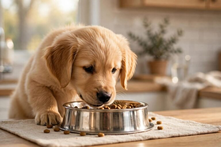 Golden retriever puppy eating kibble from a steel bowl in a kitchen