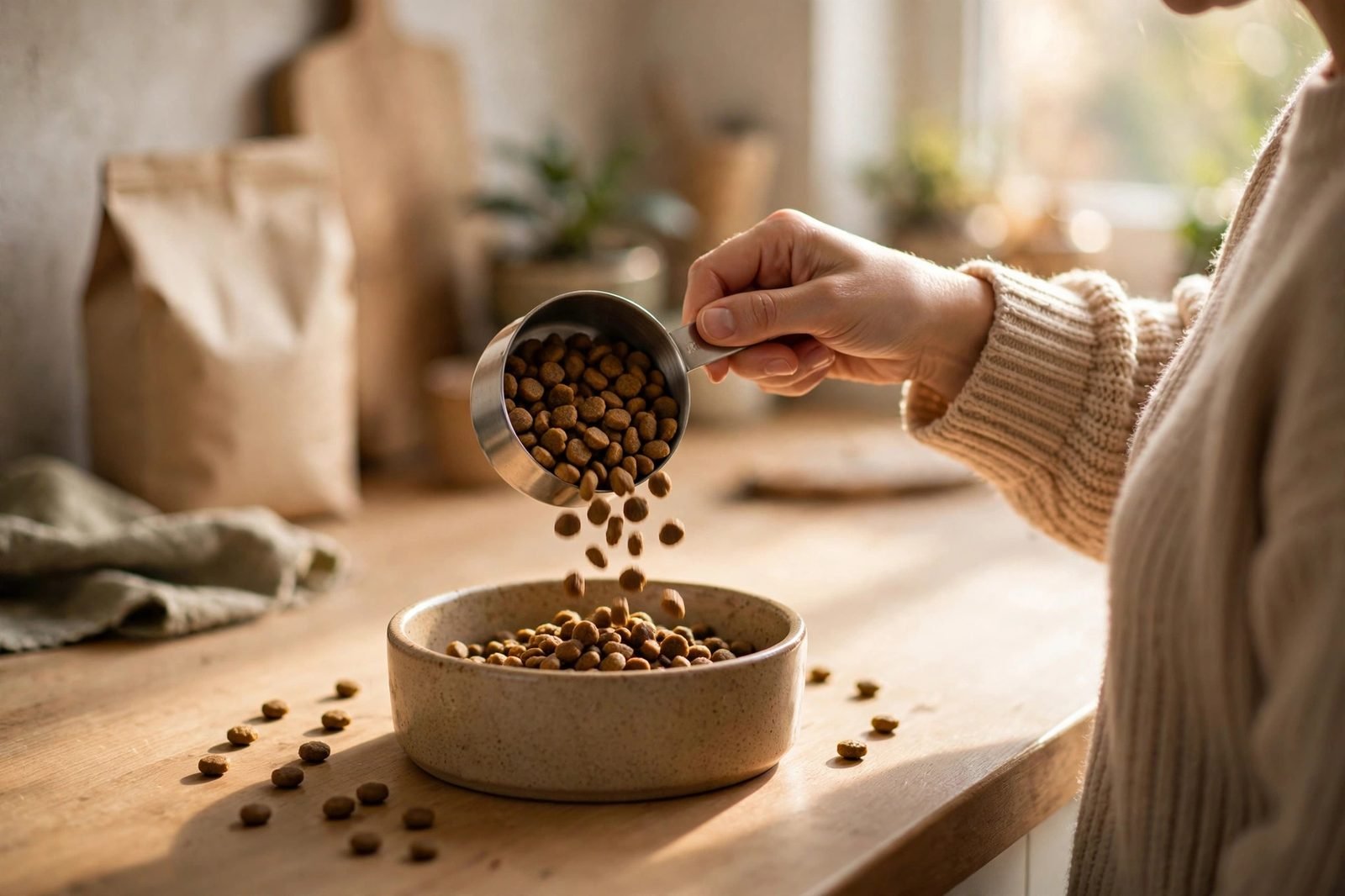 Hand measuring dry puppy food with a cup over a food bowl