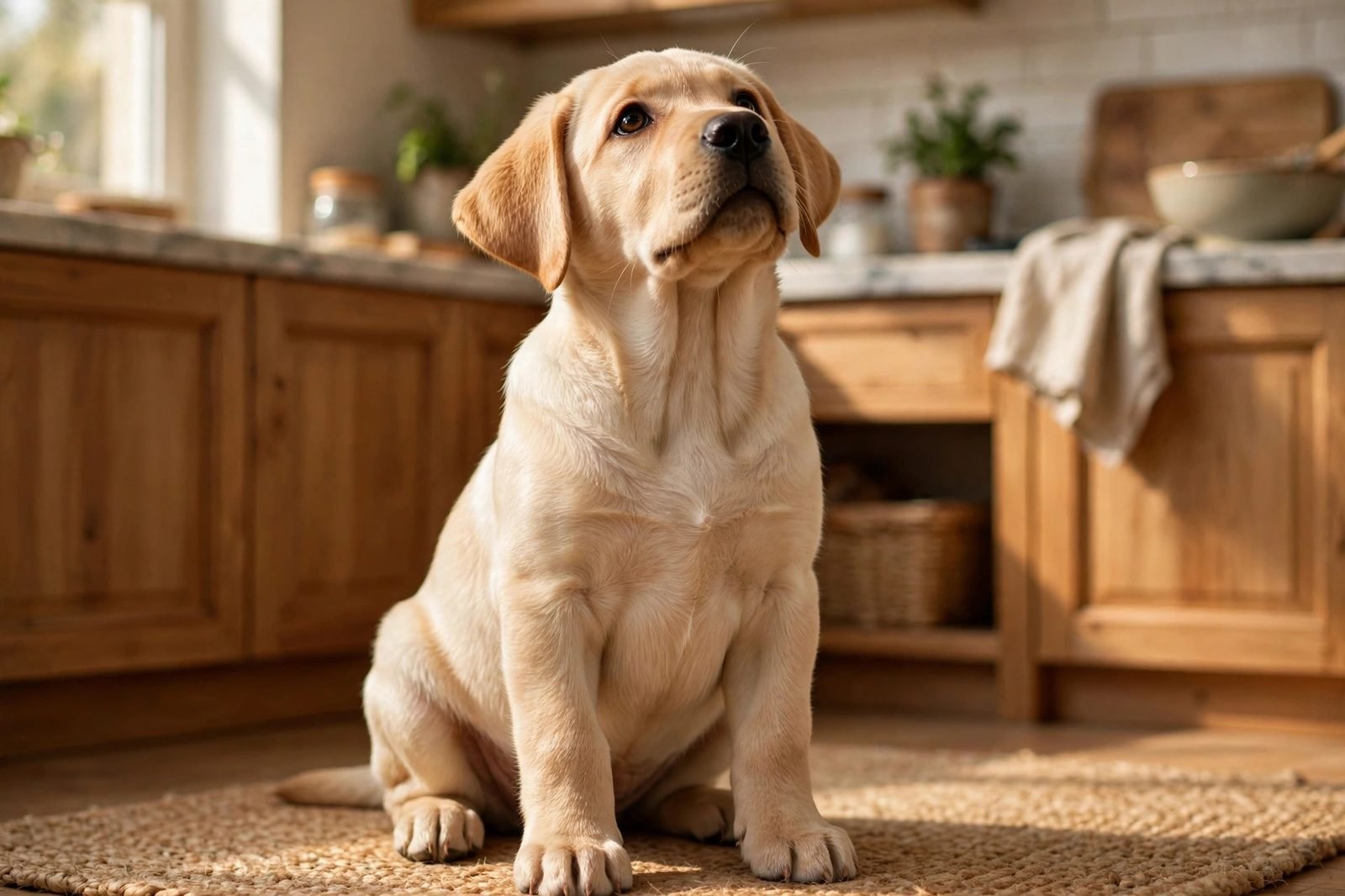 Young labrador puppy sitting in a kitchen looking up expectantly