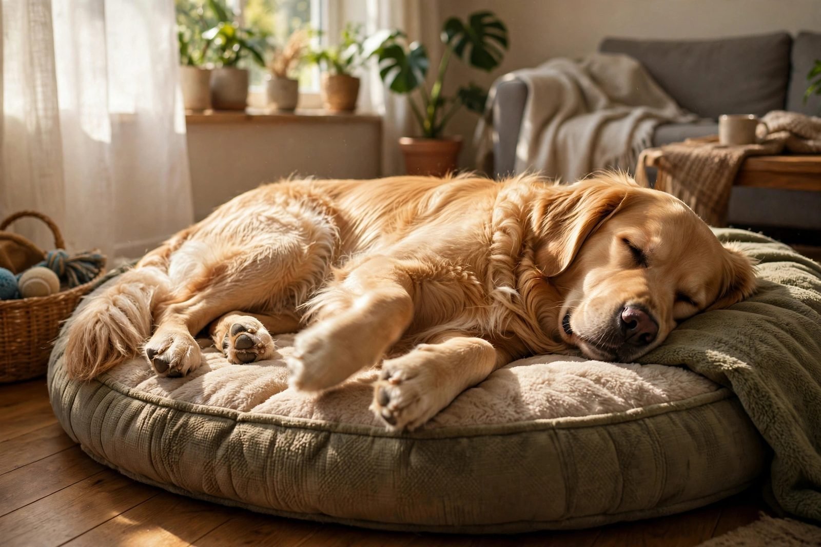 Large dog sleeping deeply on a cozy dog bed in a sunlit living room, paws twitching