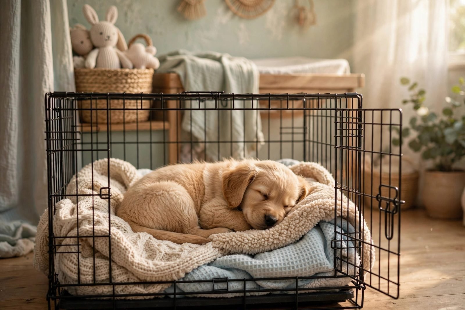 Puppy curled up asleep in a crate with soft blankets in warm light