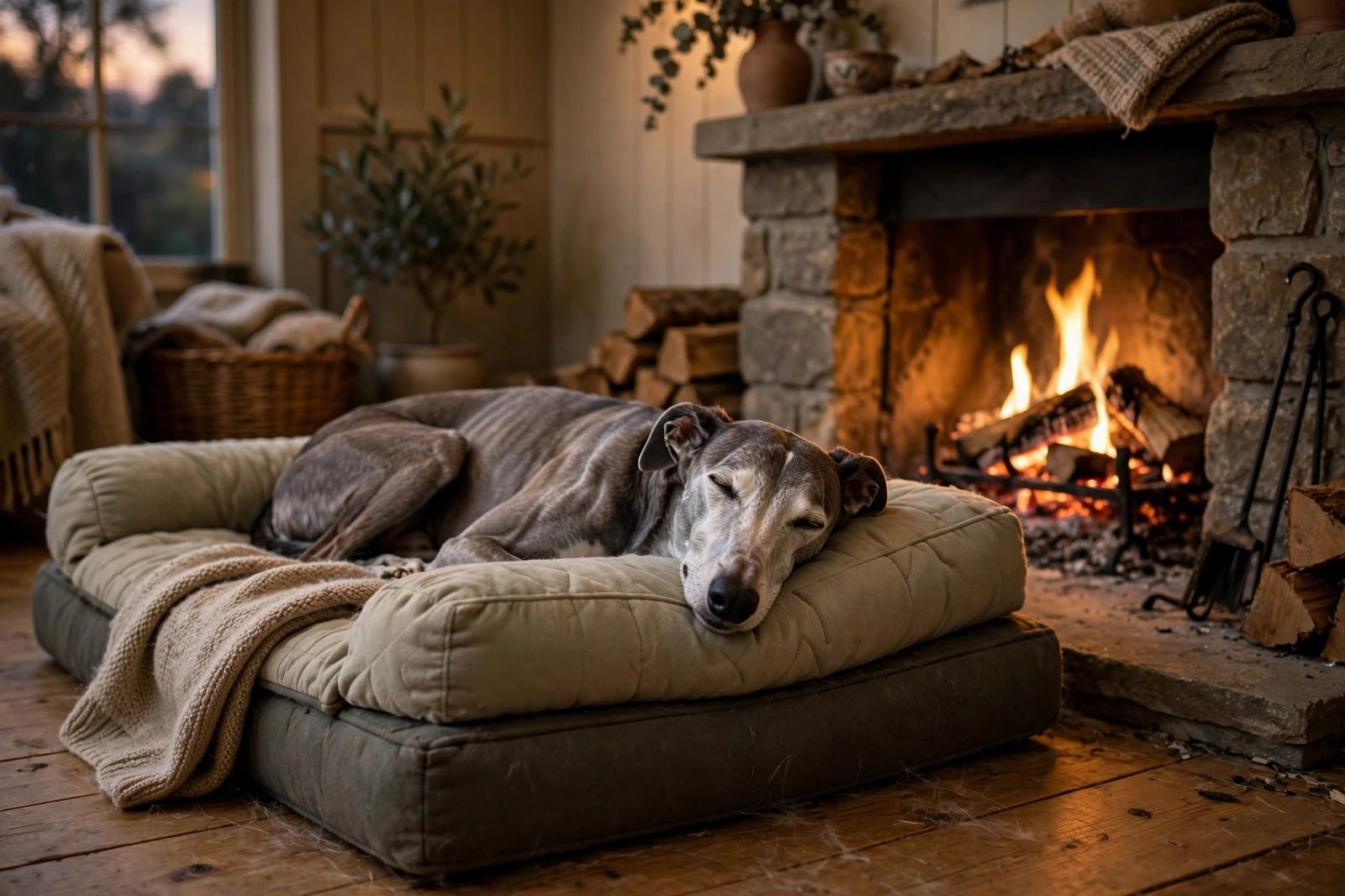 Senior greyhound sleeping on an orthopedic bed beside a glowing fireplace