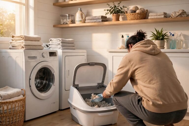Person scooping a clean modern litter box in a bright tidy laundry room