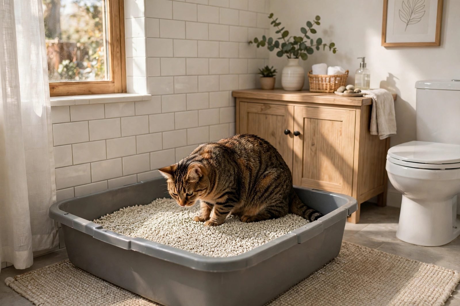 Tabby cat using a large open litter box with fresh litter in a bright bathroom