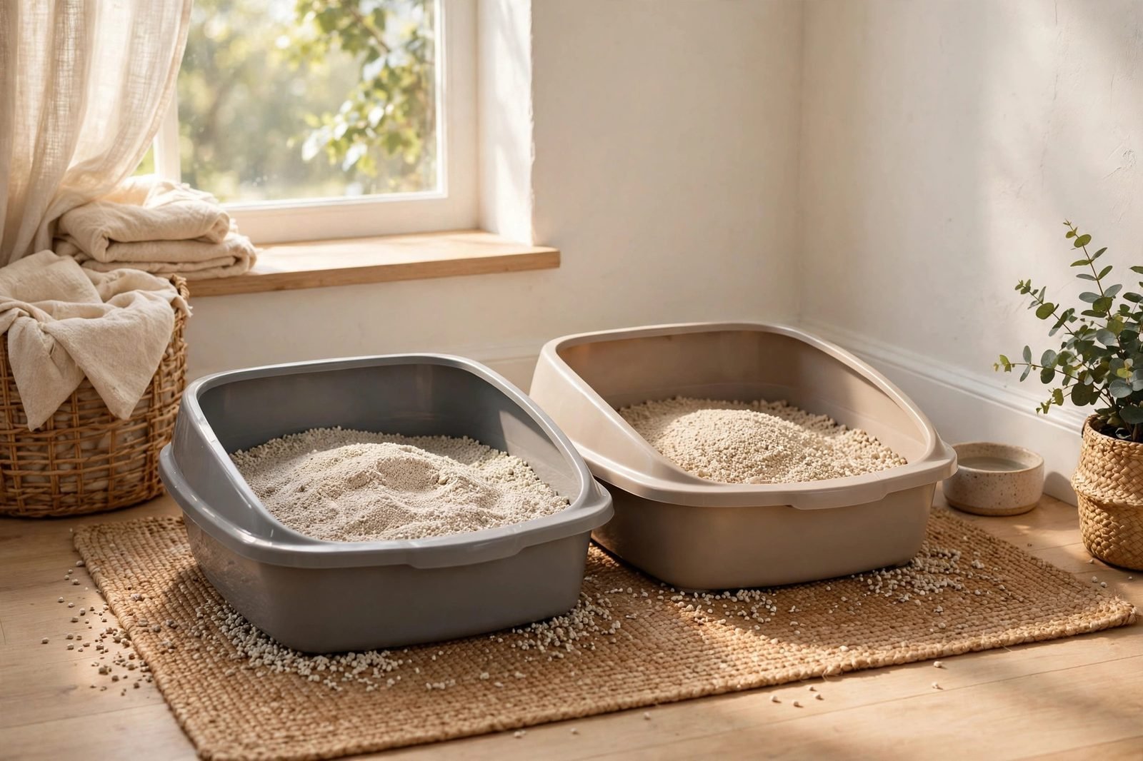 Two clean litter boxes side by side in a neat corner with a litter mat