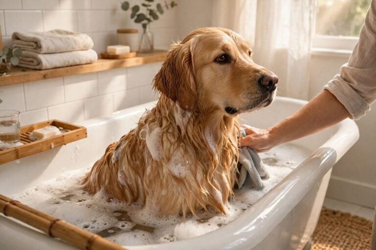 Wet golden retriever being washed with soap suds in a white bathtub