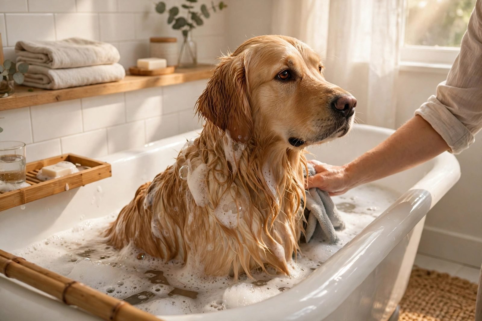 Wet golden retriever being washed with soap suds in a white bathtub